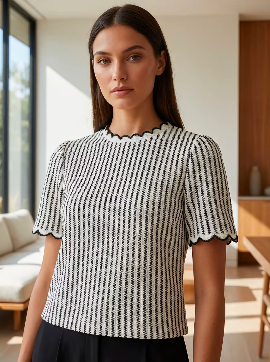 Black & White Scalloped Knit Top