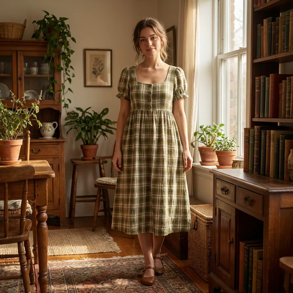 Green Plaid Cottage Dress