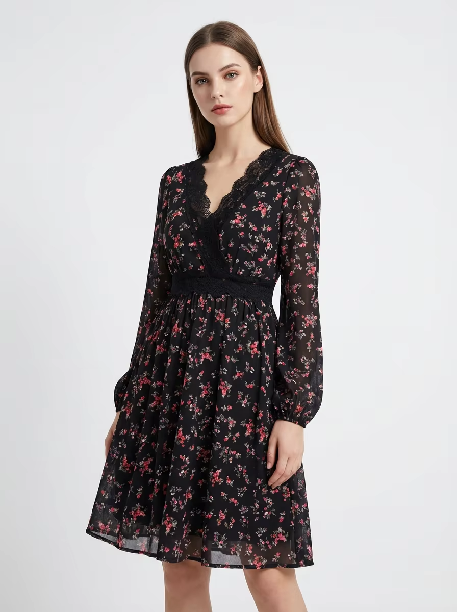 Black Floral Lace Trim Dress
