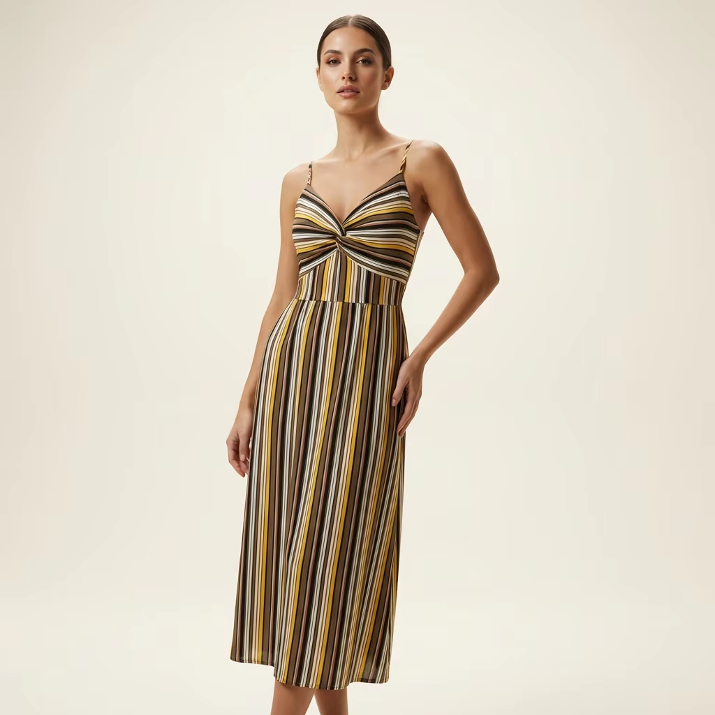 Multicolor Striped Twist Front Dress