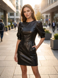 Black Faux Leather Puff Sleeve Dress
