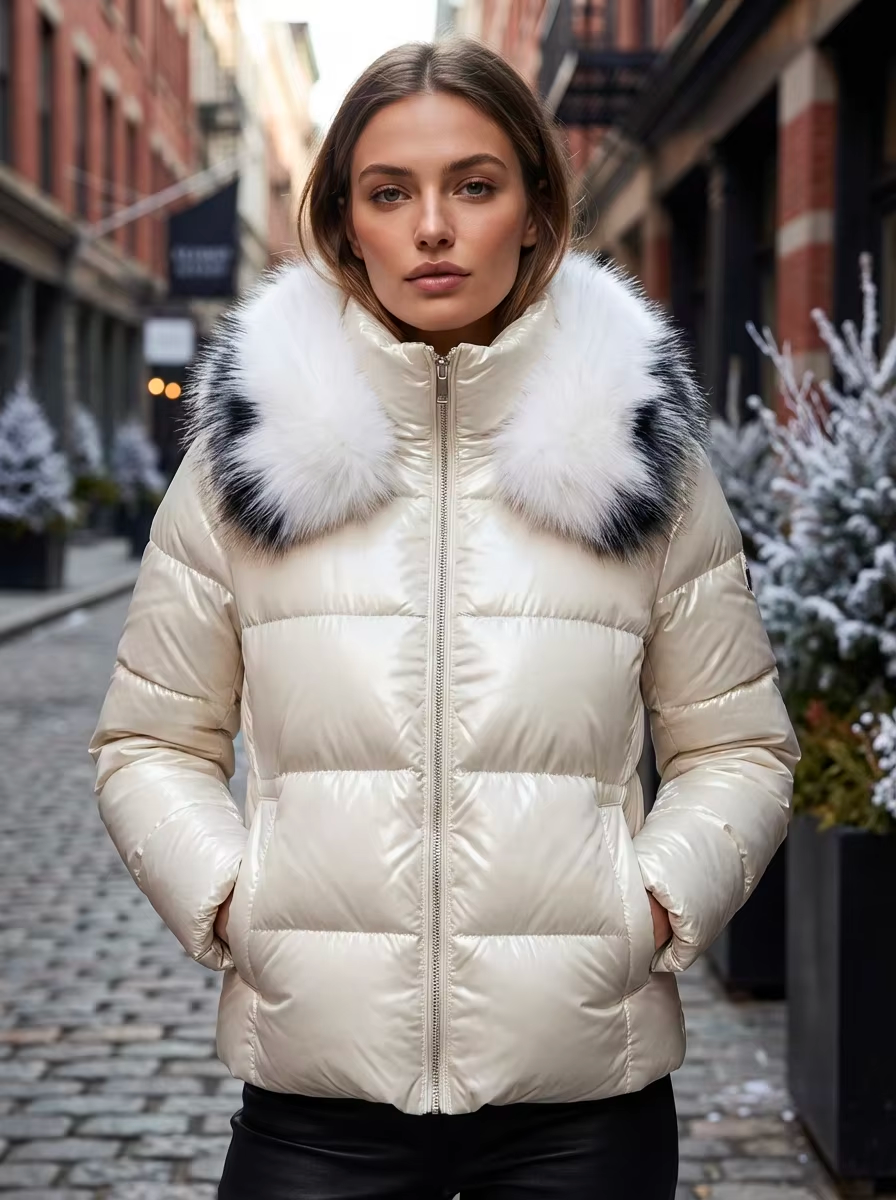 Cream Faux Fur Trim Puffer Jacket