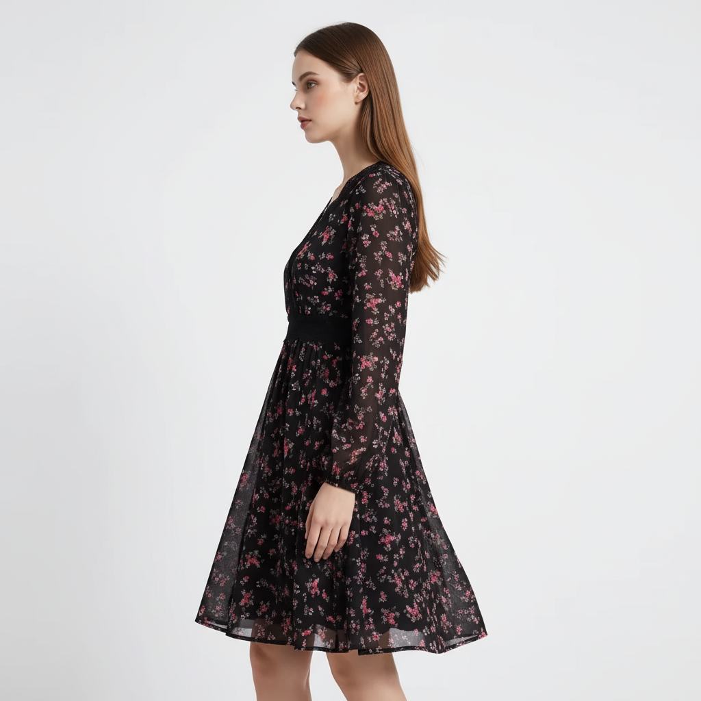 Black Floral Lace Trim Dress - Side View