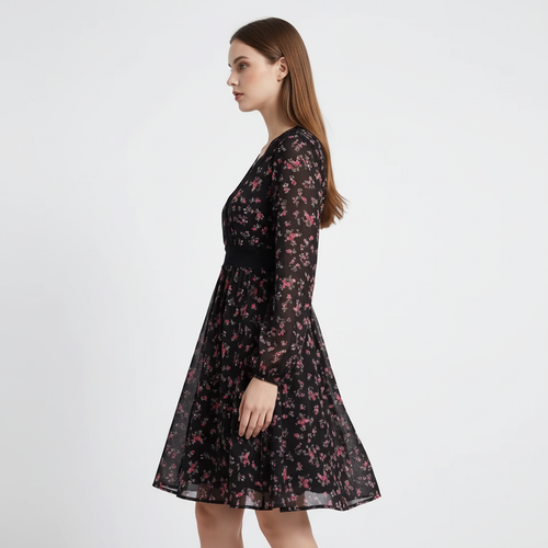 Black Floral Lace Trim Dress - Side View