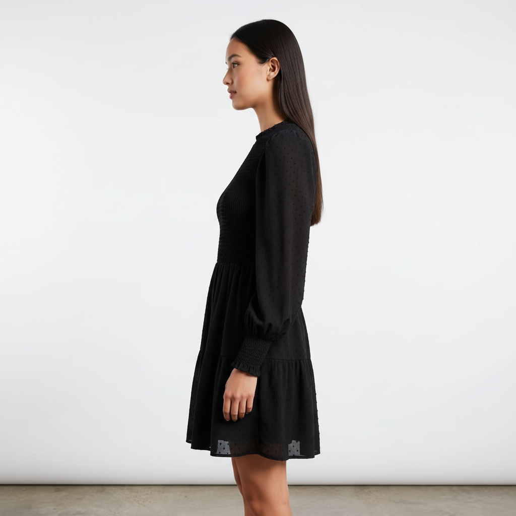 Black Smocked Tiered Mini Dress - Side View