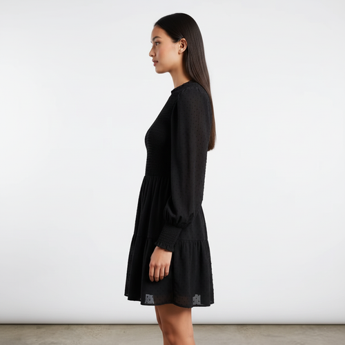 Black Smocked Tiered Mini Dress - Side View