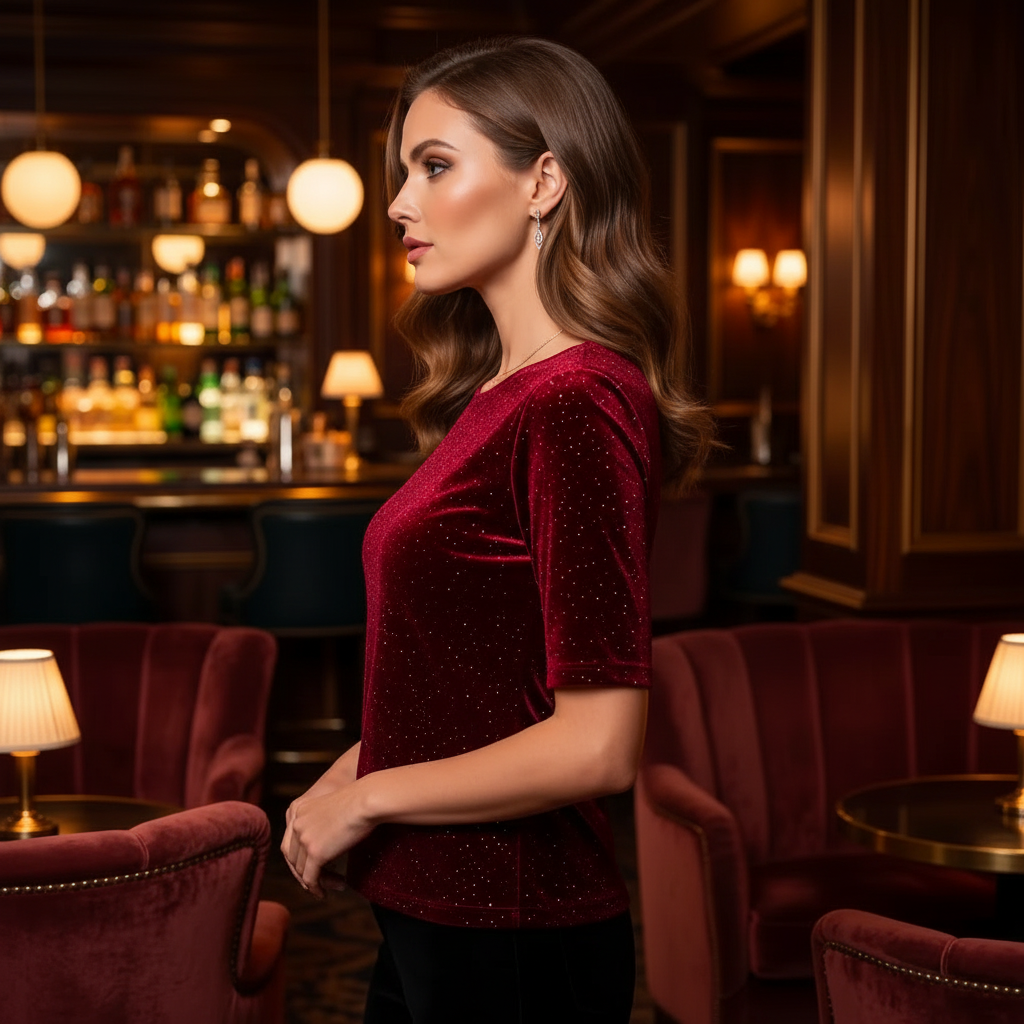 Burgundy Velvet Sparkle Top - Side View