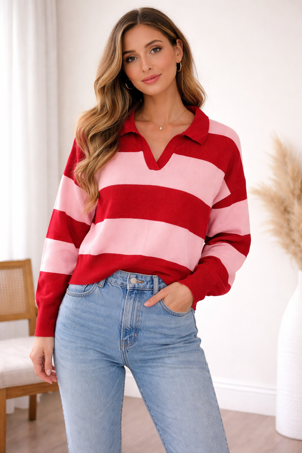Red & Pink Striped Polo Sweater