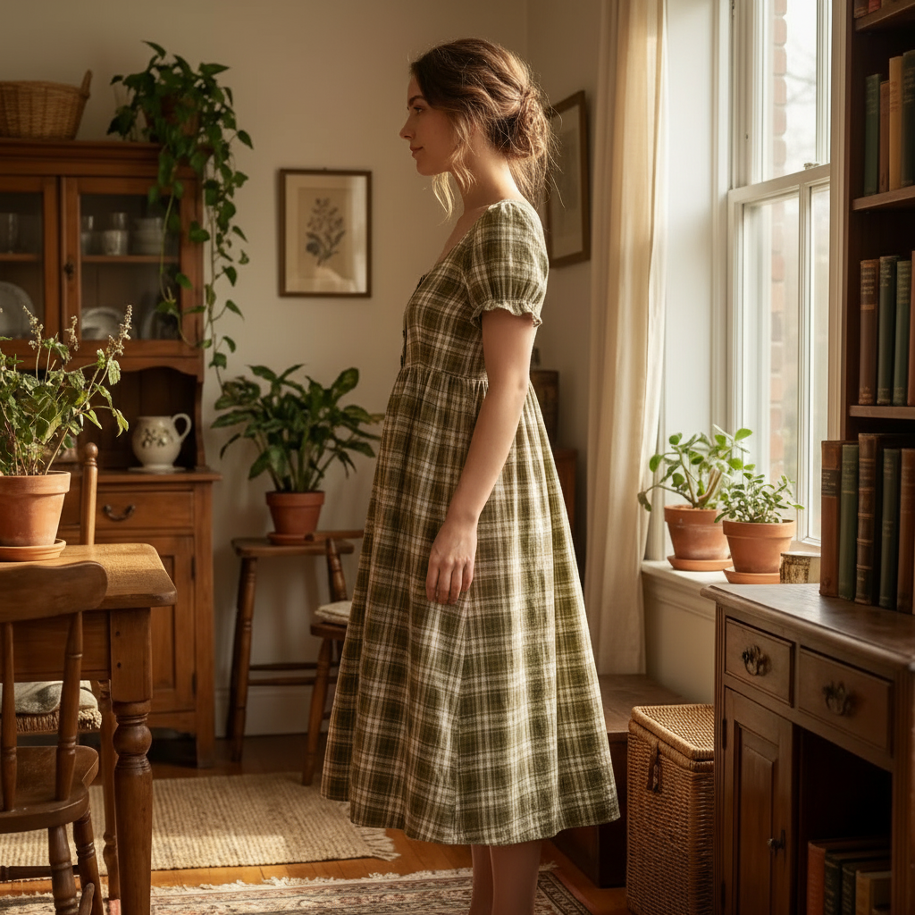 Green Plaid Cottage Dress - Side View