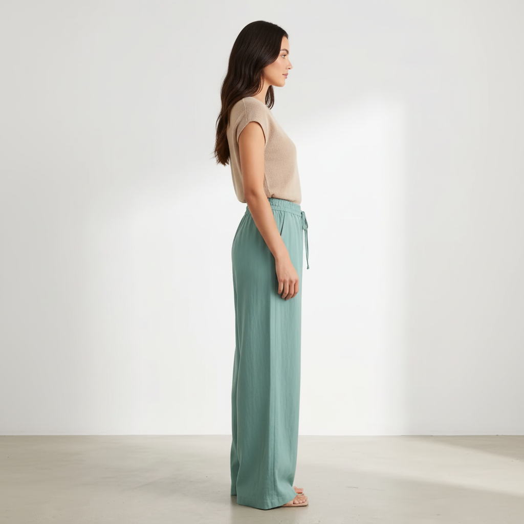 Sage Green Wide Leg Linen Pants - Side View